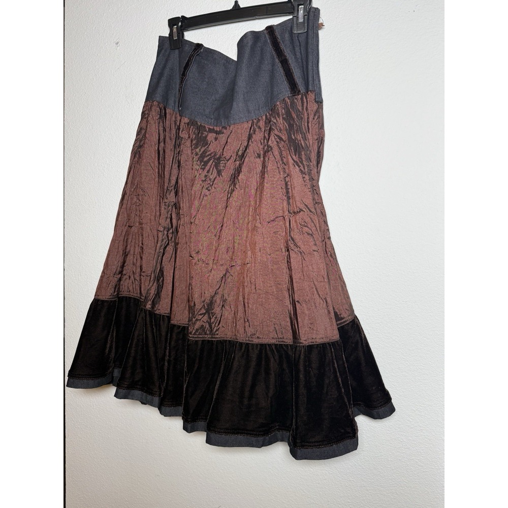 VTG Y2K‎ Brown & Denim Skirt XL Cottage Boho Gypsy Whimsigoth Tiered Festival - Picture 2 of 12